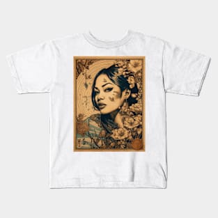 Vintage Rose Blossoms Japanese Woodblock Maple Streetwear Hipster Asian Inspired Retro Manga Samurai Alstroemeria Kids T-Shirt